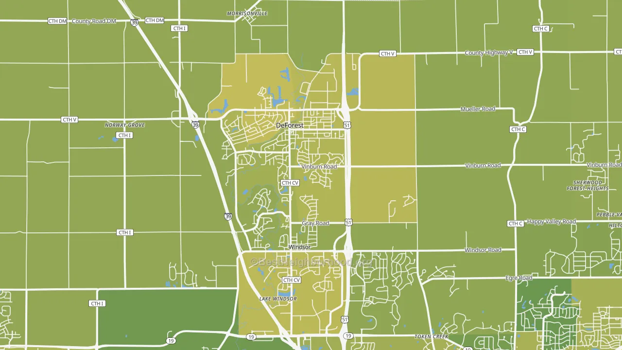 Map of the best neighborhoods in the DeForest area, with better matches in green and worse matches in red
