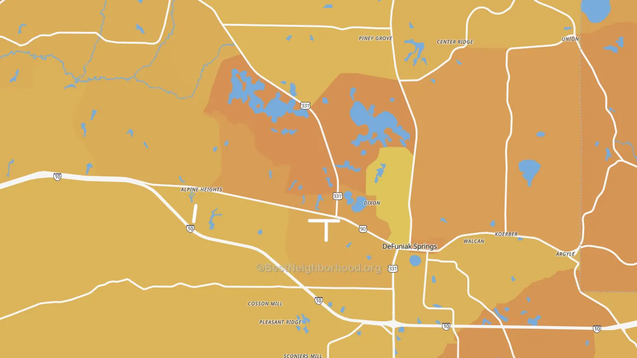 Map of the best neighborhoods in the DeFuniak Springs area, with better matches in green and worse matches in red