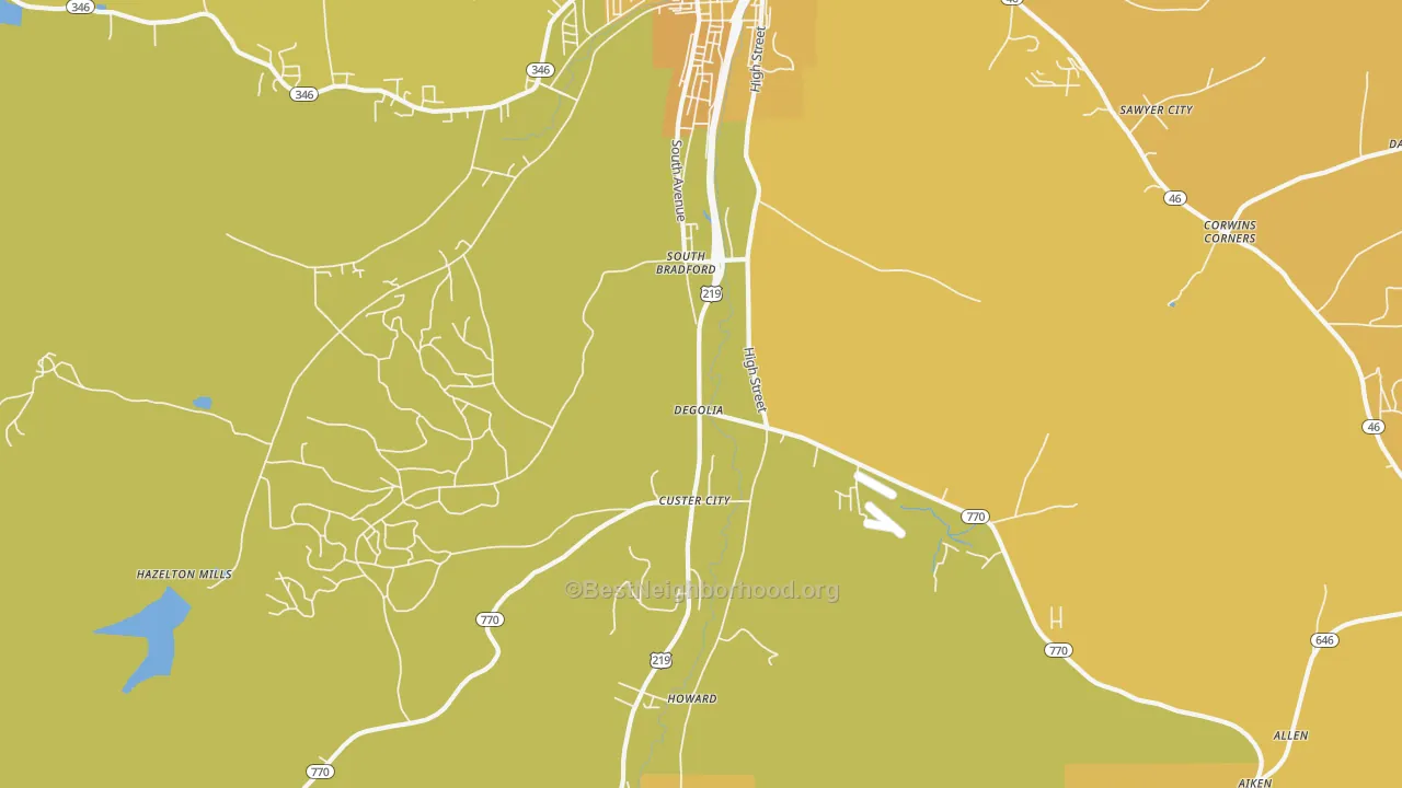 Map of the best neighborhoods in the Degolia area, with better matches in green and worse matches in red