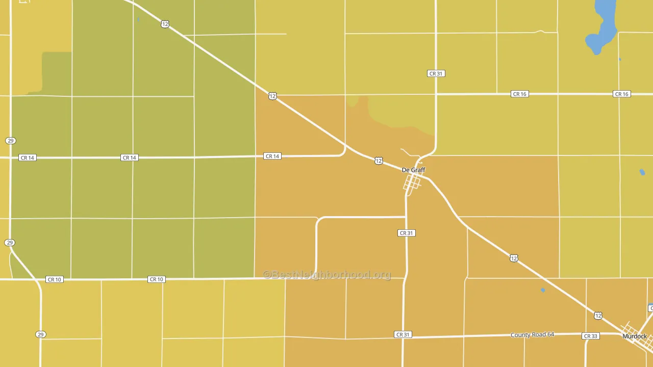 Map of the best neighborhoods in the DeGraff area, with better matches in green and worse matches in red