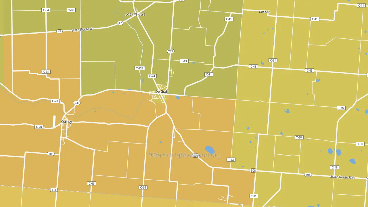 Map of the best neighborhoods in the DeGraff area, with better matches in green and worse matches in red