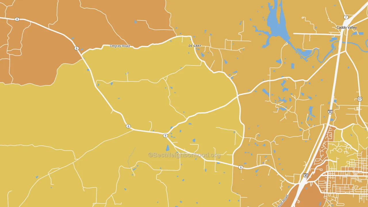 Map of the best neighborhoods in the DeGray area, with better matches in green and worse matches in red