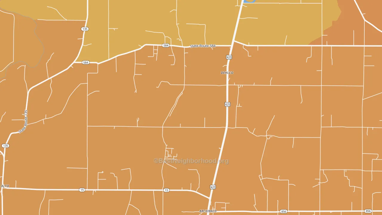 Map of the best neighborhoods in the Dehlco area, with better matches in green and worse matches in red