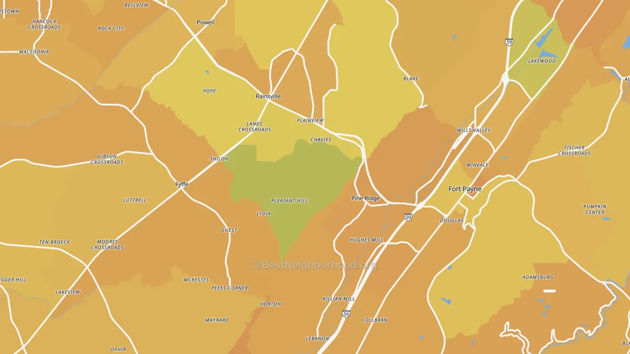 Map of the best neighborhoods in the DeKalb County area, with better matches in green and worse matches in red
