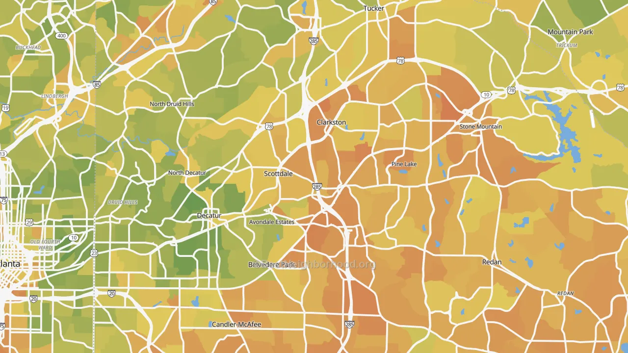 Map of the best neighborhoods in the DeKalb County area, with better matches in green and worse matches in red