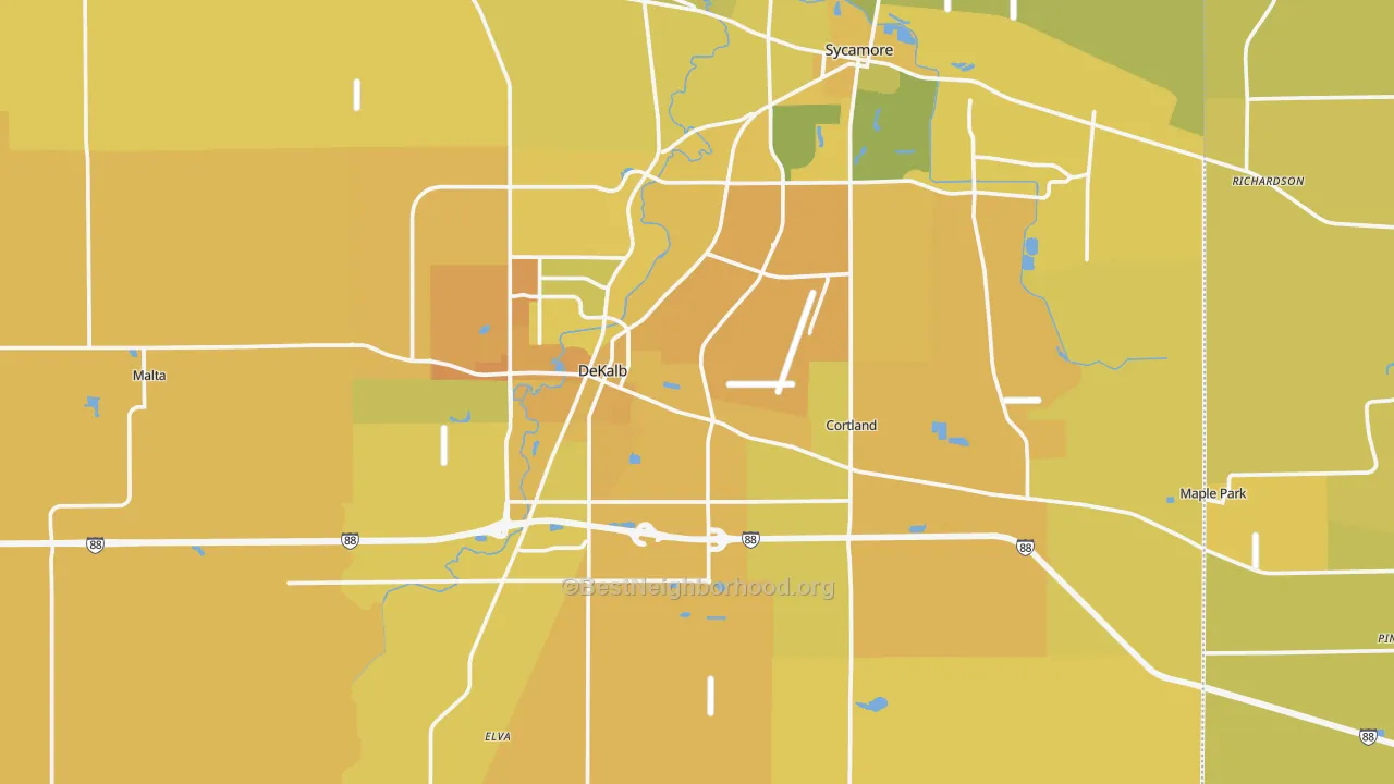Map of the best neighborhoods in the DeKalb County area, with better matches in green and worse matches in red