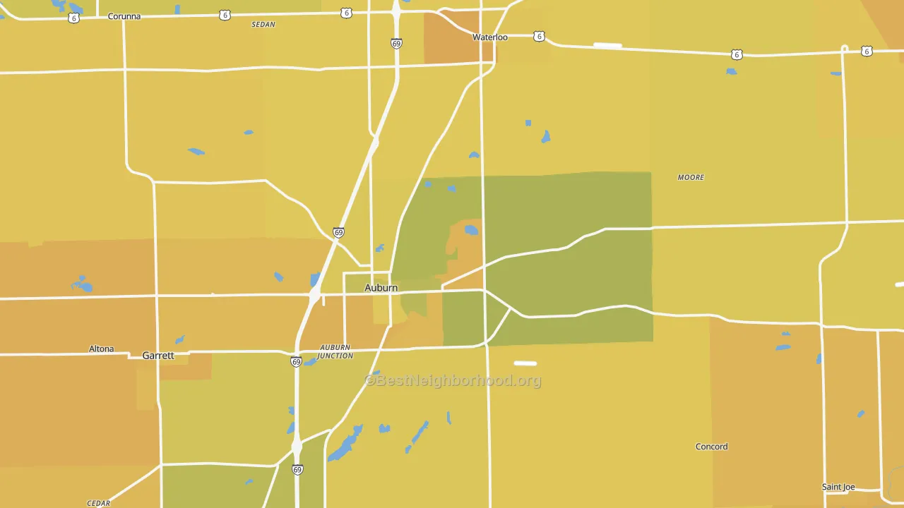 Map of the best neighborhoods in the DeKalb County area, with better matches in green and worse matches in red