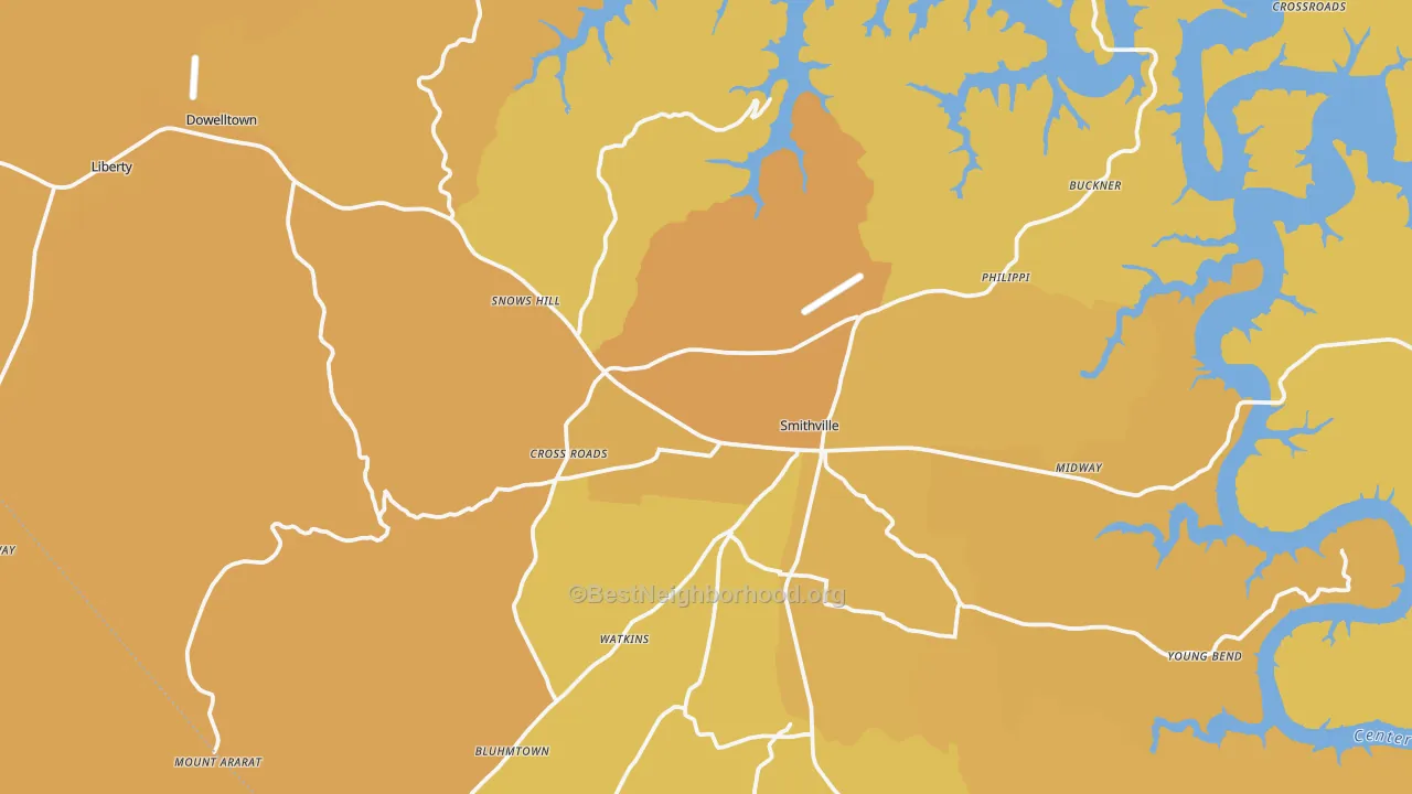 Map of the best neighborhoods in the DeKalb County area, with better matches in green and worse matches in red