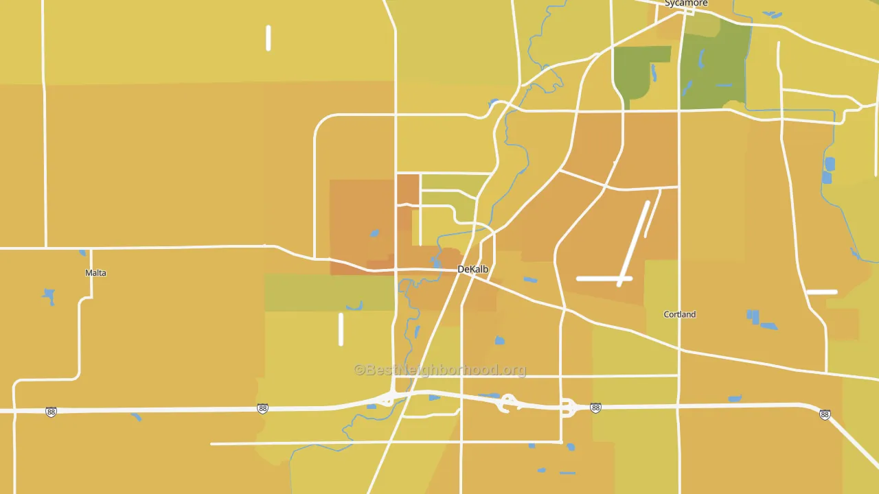 Map of the best neighborhoods in the DeKalb area, with better matches in green and worse matches in red