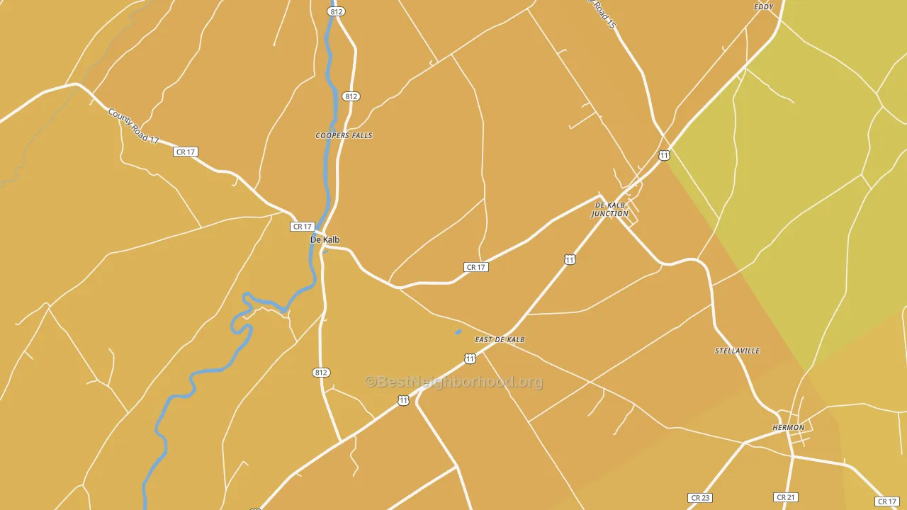Map of the best neighborhoods in the DeKalb Junction area, with better matches in green and worse matches in red