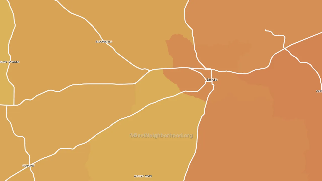 Map of the best neighborhoods in the DeKalb area, with better matches in green and worse matches in red