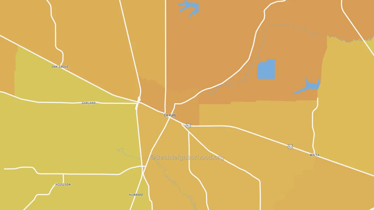 Map of the best neighborhoods in the DeKalb area, with better matches in green and worse matches in red
