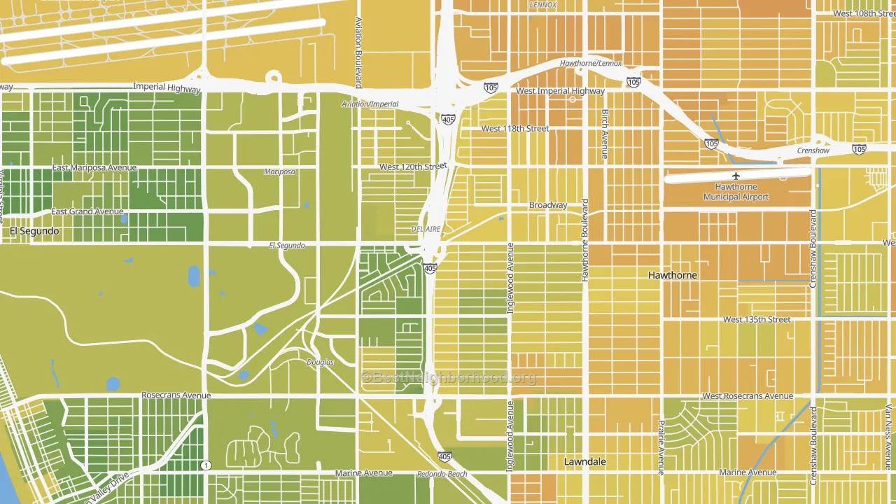 Map of the best neighborhoods in the Del Aire area, with better matches in green and worse matches in red