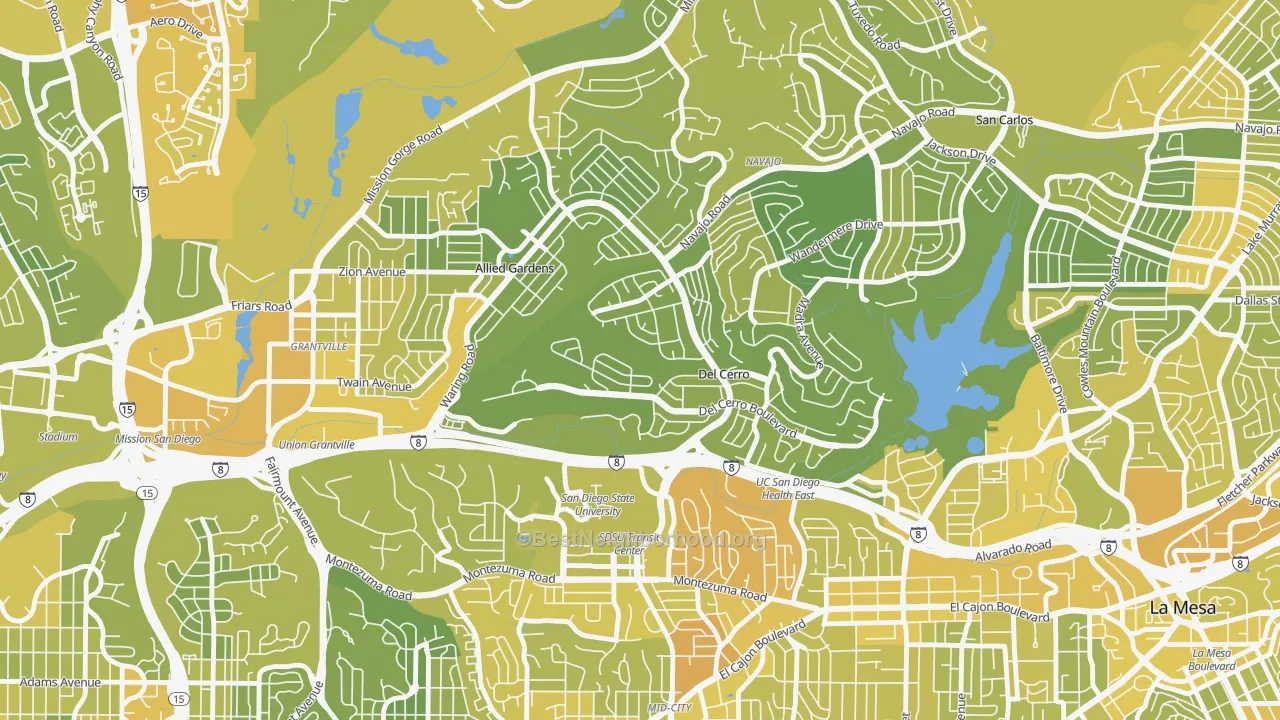 Map of the best neighborhoods in the Del Cerro, San Diego area, with better matches in green and worse matches in red