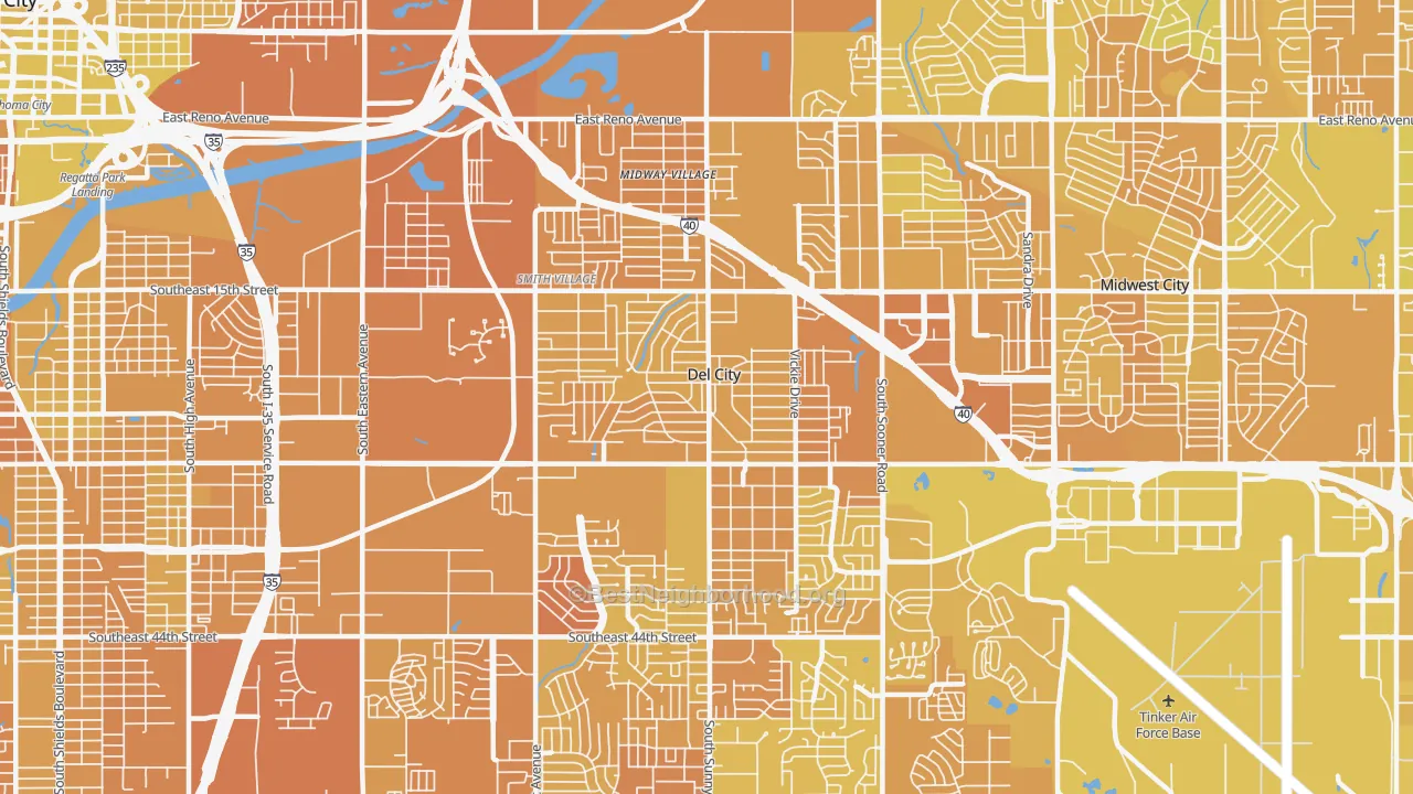 Map of the best neighborhoods in the Del City area, with better matches in green and worse matches in red