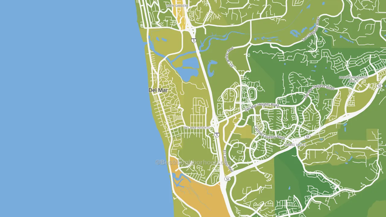 Map of the best neighborhoods in the Del Mar area, with better matches in green and worse matches in red