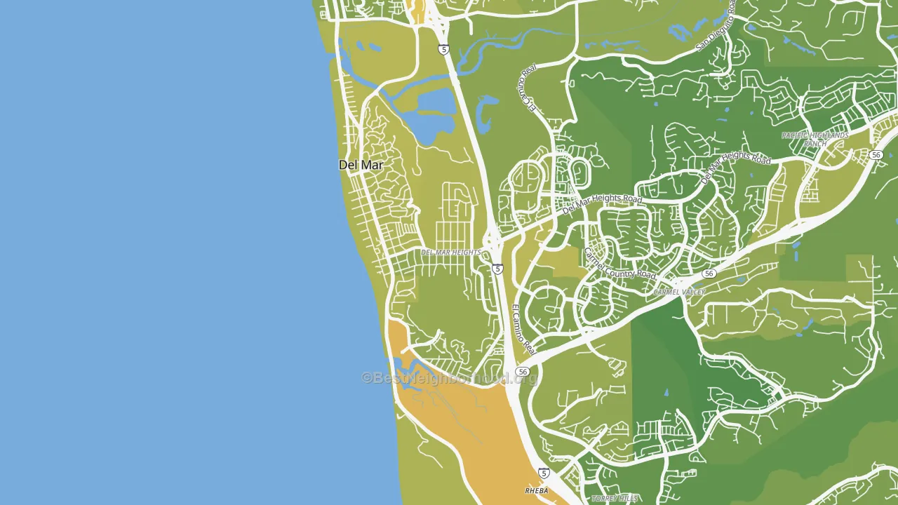 Map of the best neighborhoods in the Del Mar Heights, Del Mar area, with better matches in green and worse matches in red