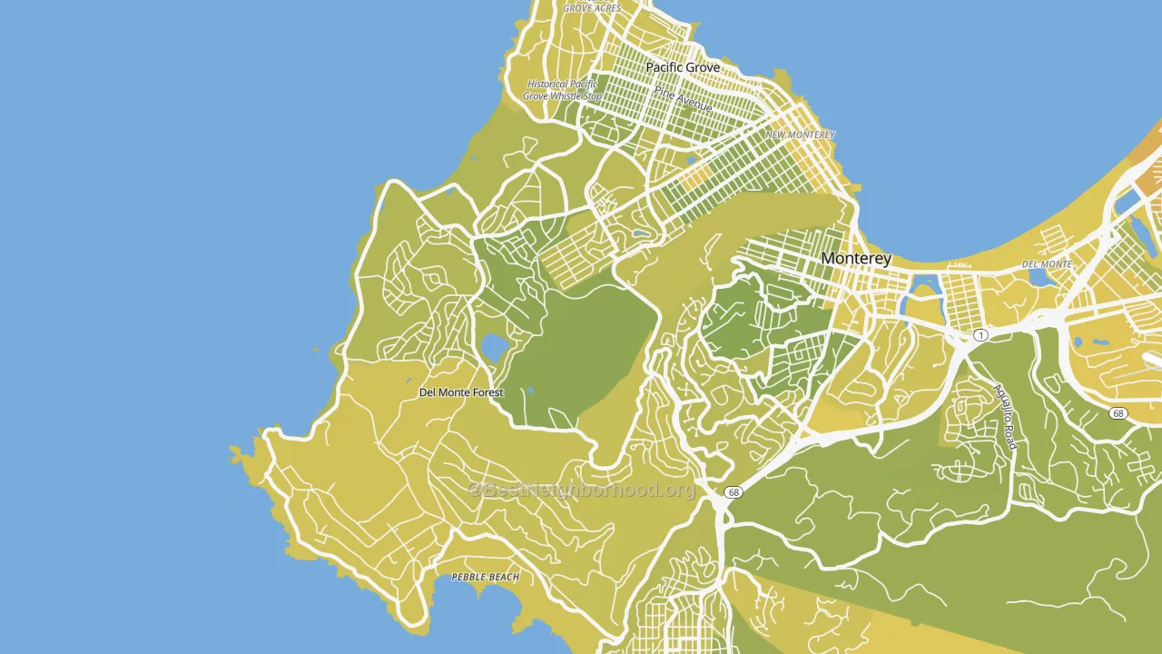 Map of the best neighborhoods in the Del Monte Forest area, with better matches in green and worse matches in red