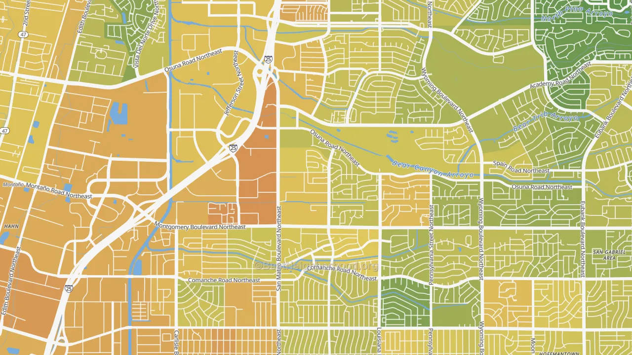 Map of the best neighborhoods in the Del Norte, Albuquerque area, with better matches in green and worse matches in red