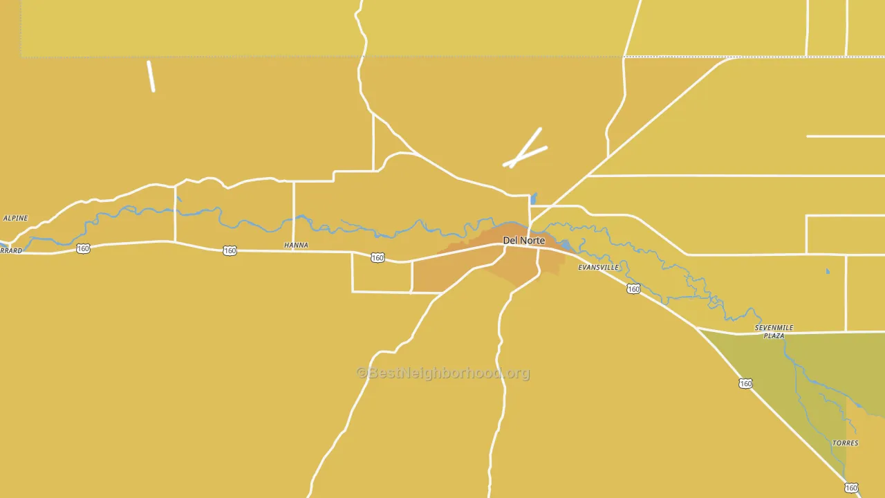 Map of the best neighborhoods in the Del Norte area, with better matches in green and worse matches in red