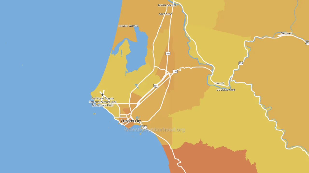 Map of the best neighborhoods in the Del Norte County area, with better matches in green and worse matches in red
