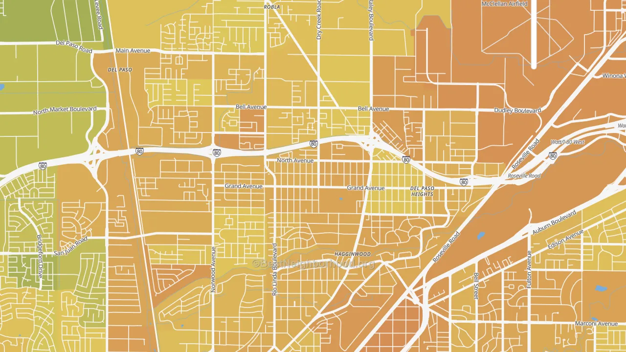 Map of the best neighborhoods in the Del Paso Heights, Sacramento area, with better matches in green and worse matches in red