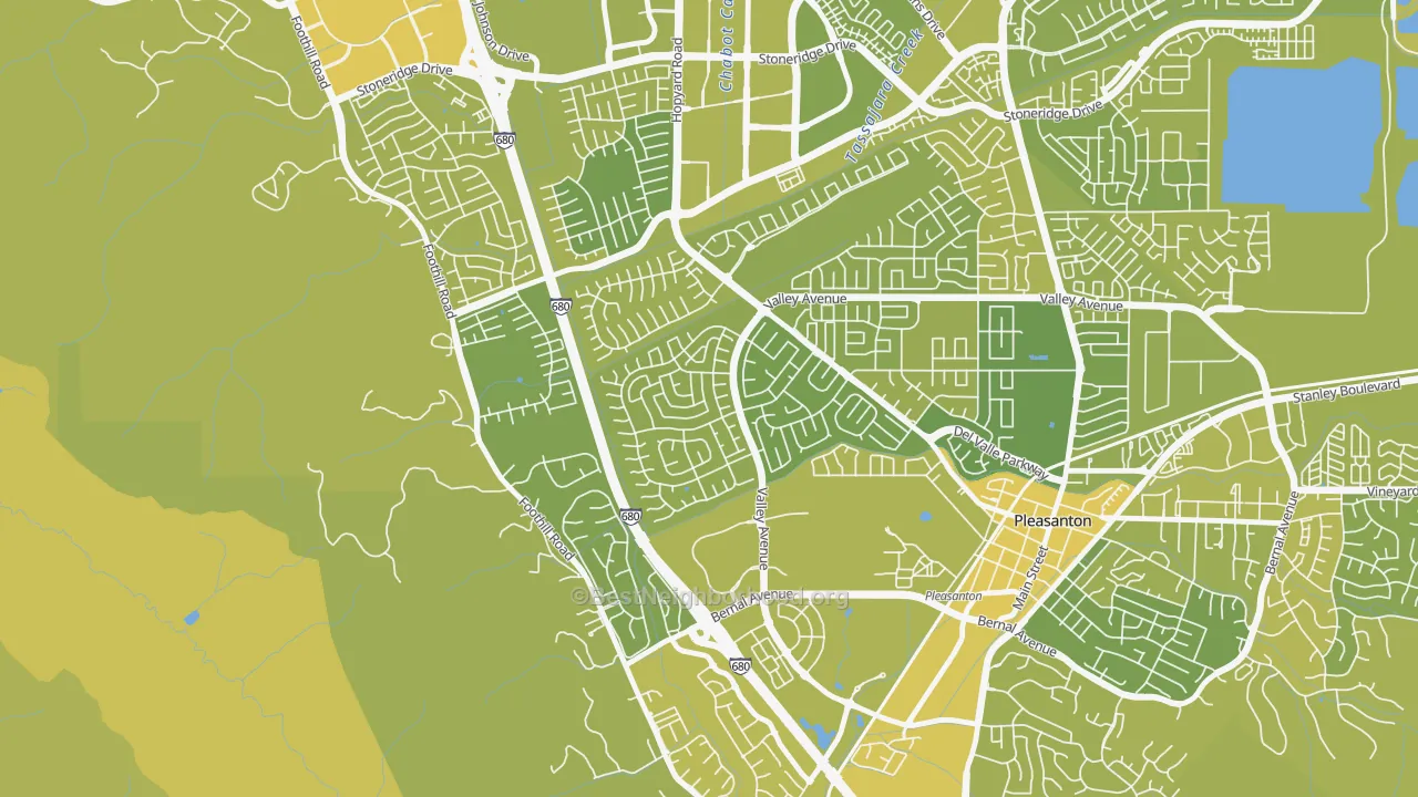 Map of the best neighborhoods in the Del Prado, Pleasanton area, with better matches in green and worse matches in red