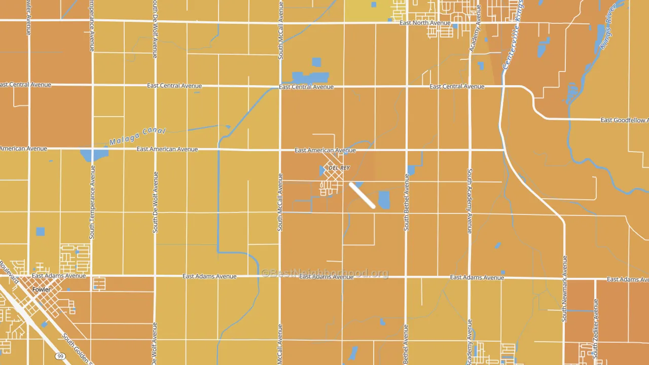 Map of the best neighborhoods in the Del Rey area, with better matches in green and worse matches in red