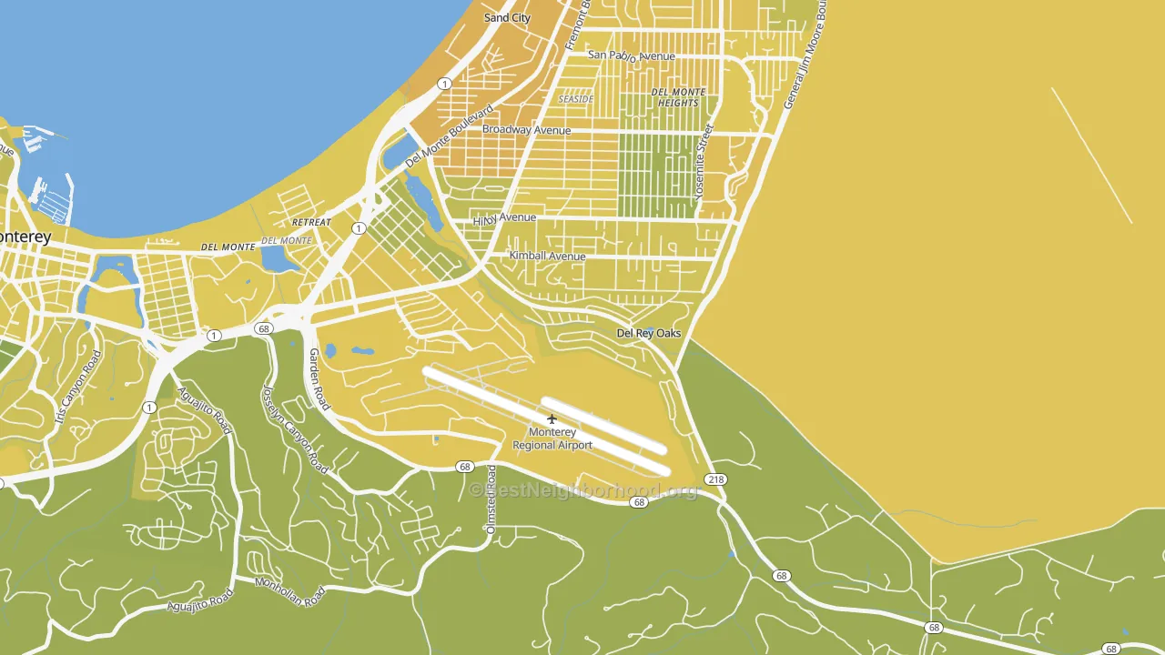 Map of the best neighborhoods in the Del Rey Oaks area, with better matches in green and worse matches in red