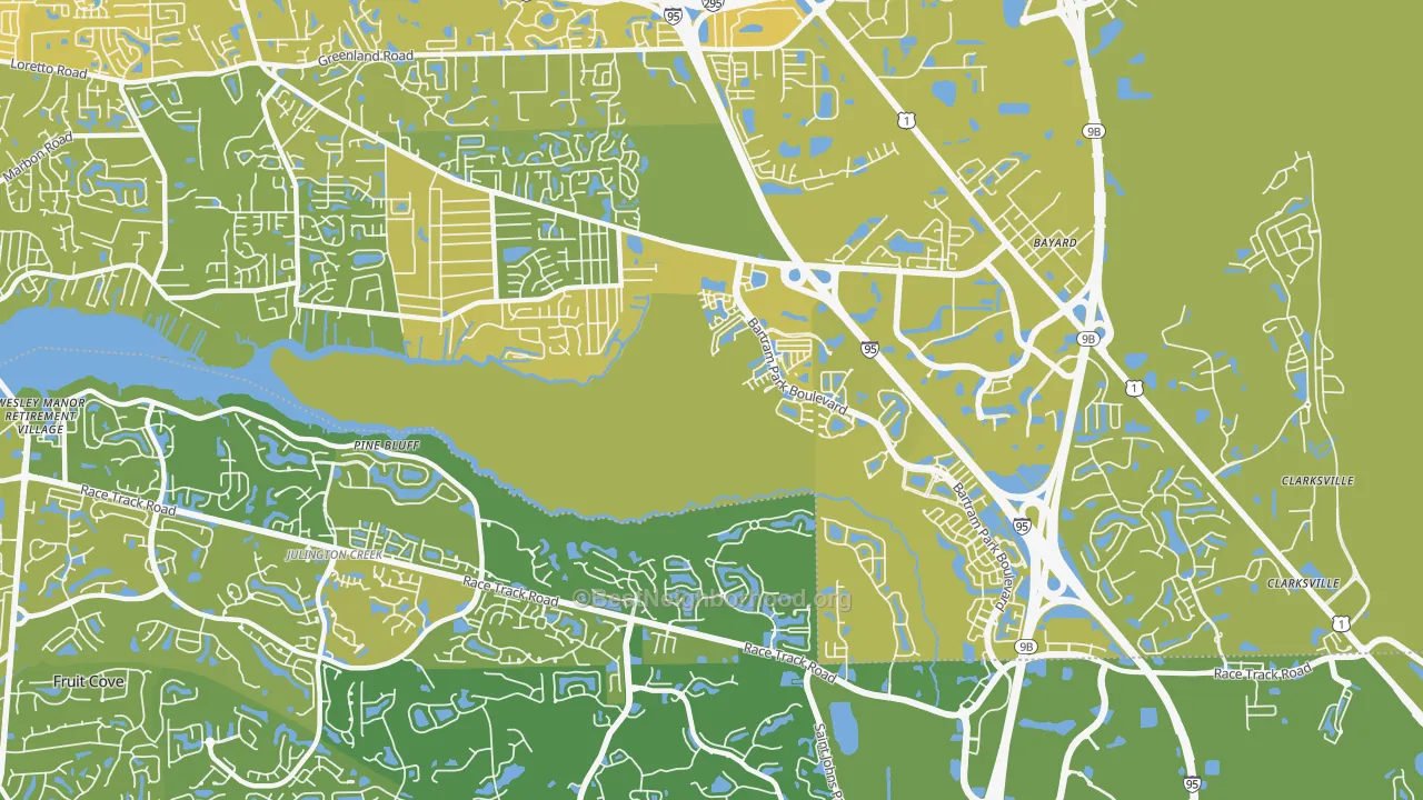 Map of the best neighborhoods in the Del Rio, Jacksonville area, with better matches in green and worse matches in red
