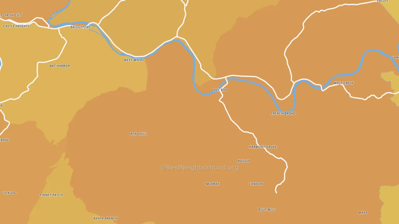 Map of the best neighborhoods in the Del Rio area, with better matches in green and worse matches in red