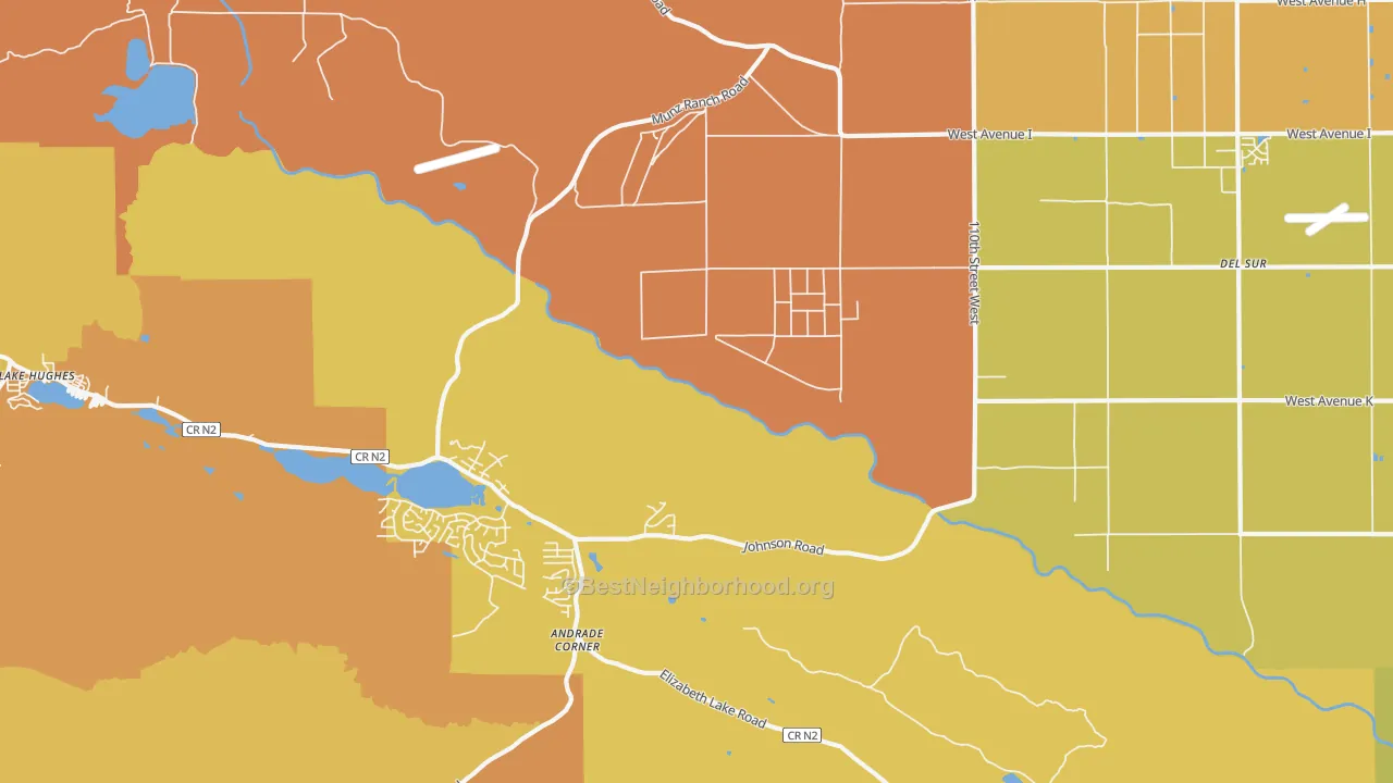 Map of the best neighborhoods in the Del Sur area, with better matches in green and worse matches in red