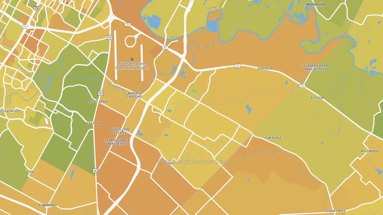 Map of the best neighborhoods in the Del Valle area, with better matches in green and worse matches in red