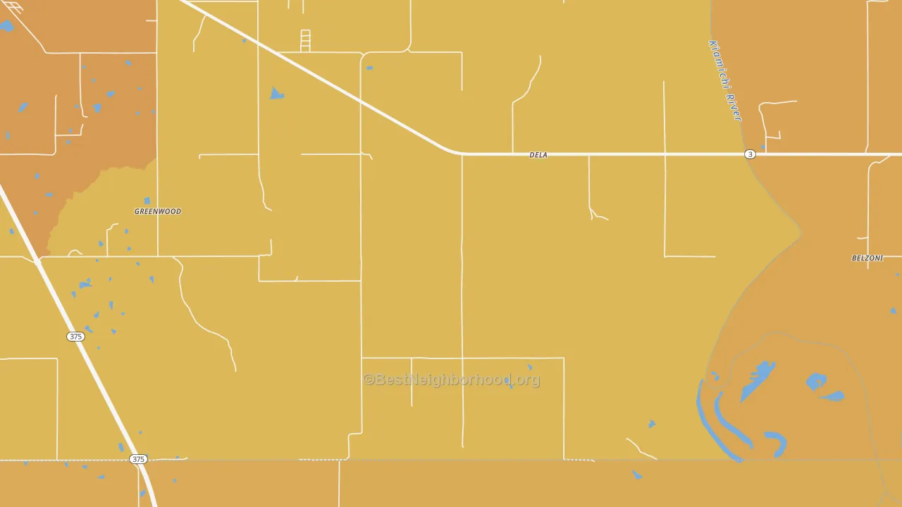 Map of the best neighborhoods in the Dela area, with better matches in green and worse matches in red