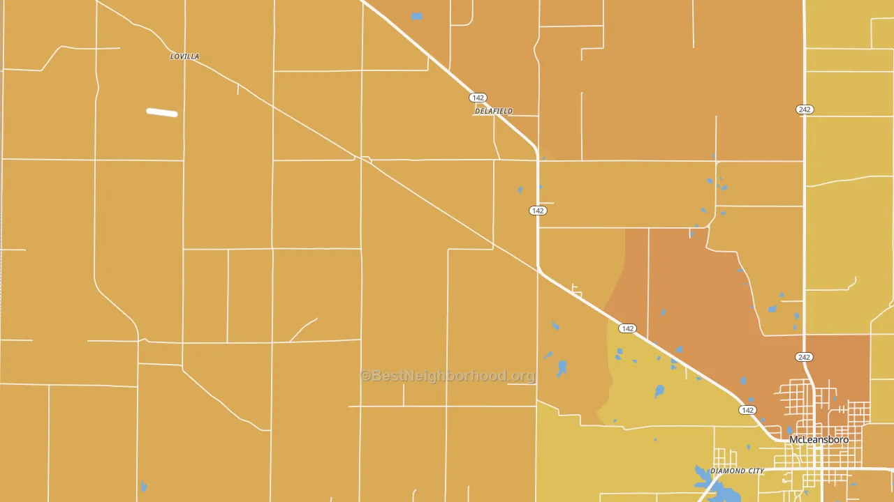 Map of the best neighborhoods in the Delafield area, with better matches in green and worse matches in red