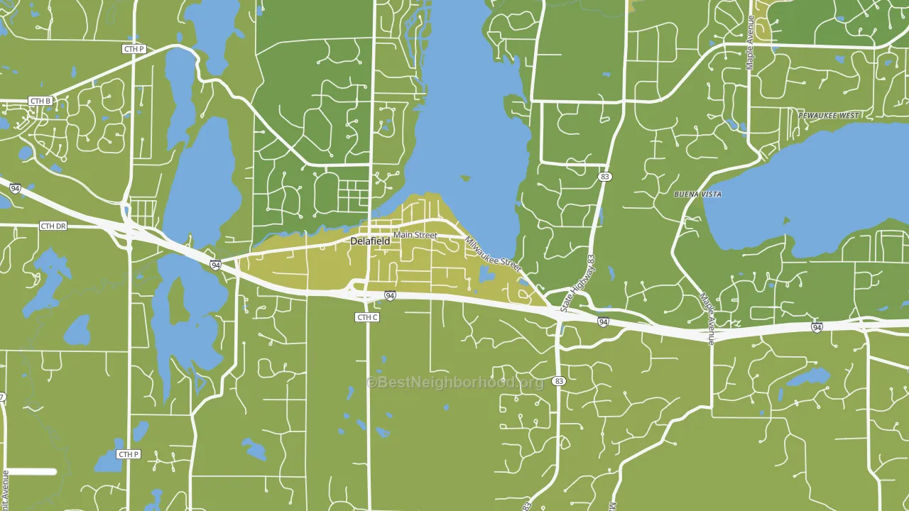 Map of the best neighborhoods in the Delafield area, with better matches in green and worse matches in red