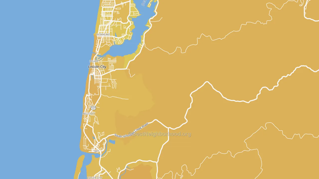 Map of the best neighborhoods in the DeLake area, with better matches in green and worse matches in red