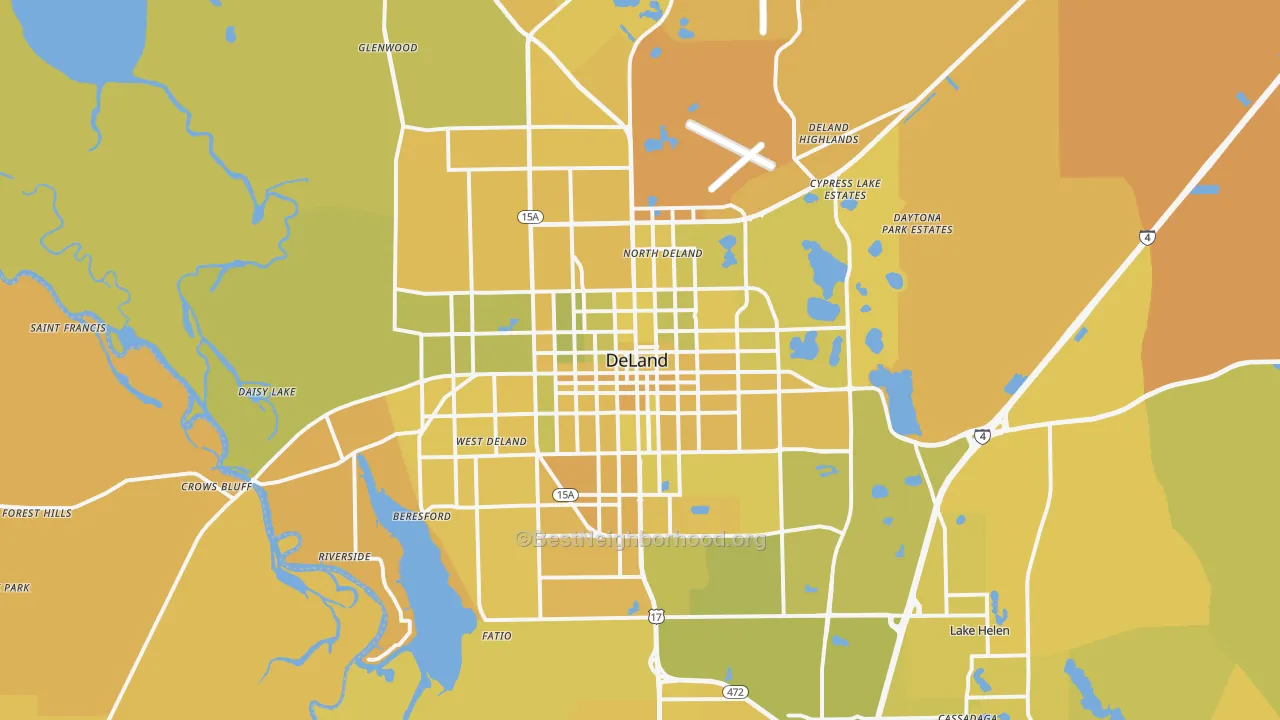 Map of the best neighborhoods in the DeLand area, with better matches in green and worse matches in red