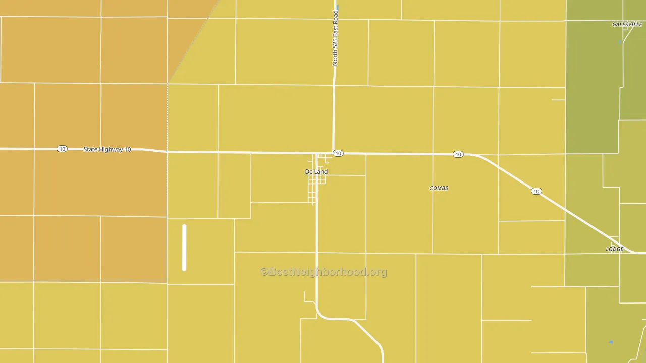 Map of the best neighborhoods in the DeLand area, with better matches in green and worse matches in red