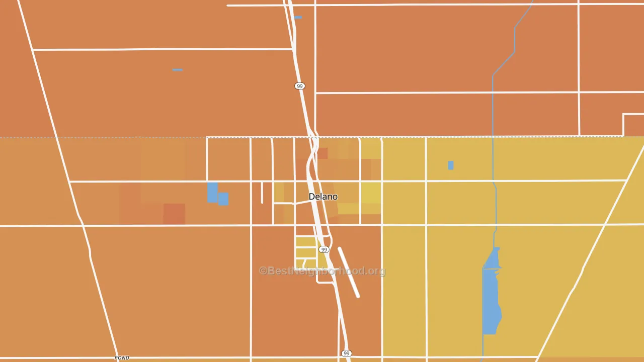 Map of the best neighborhoods in the Delano area, with better matches in green and worse matches in red