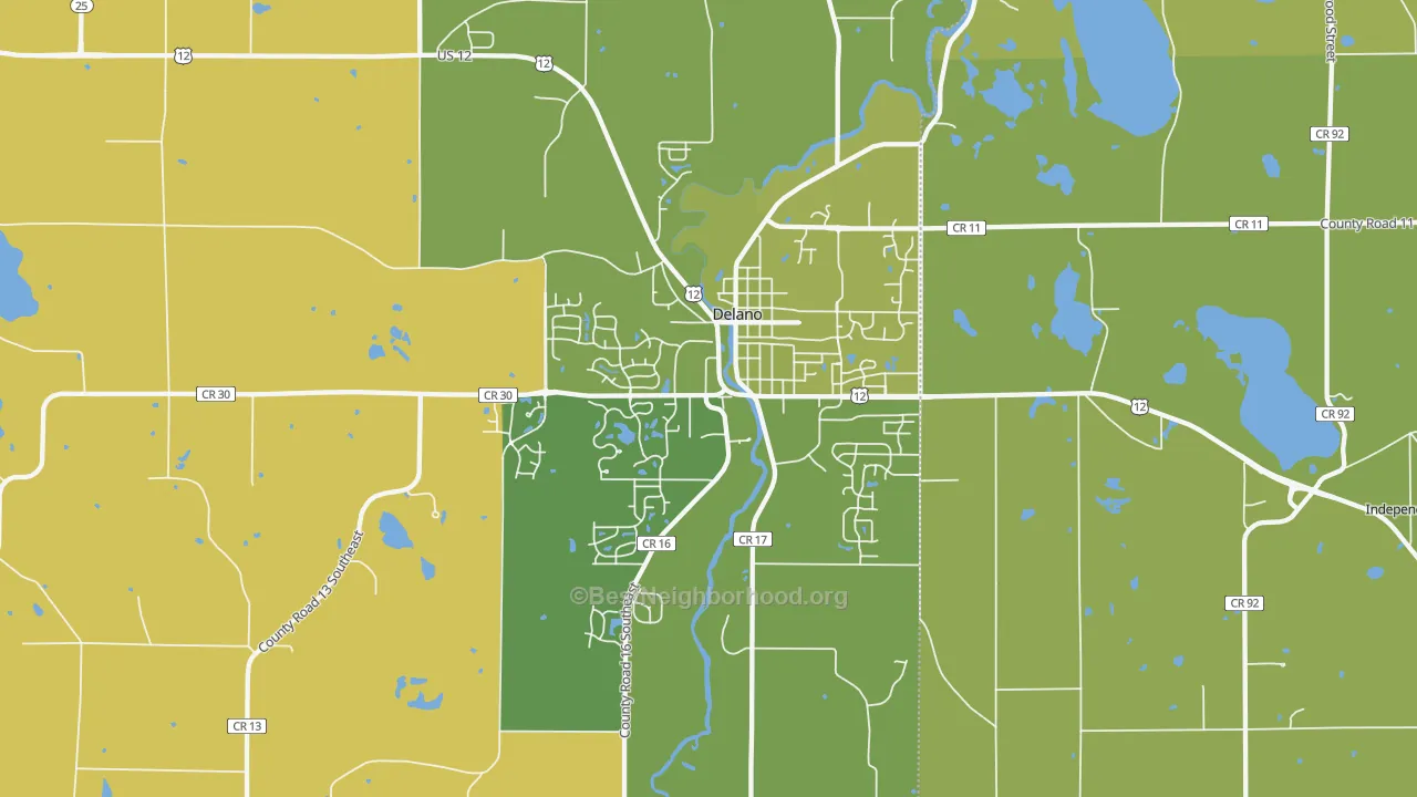 Map of the best neighborhoods in the Delano area, with better matches in green and worse matches in red