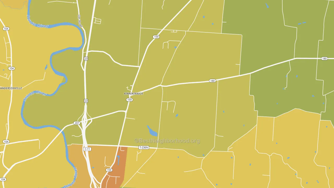 Map of the best neighborhoods in the Delano area, with better matches in green and worse matches in red