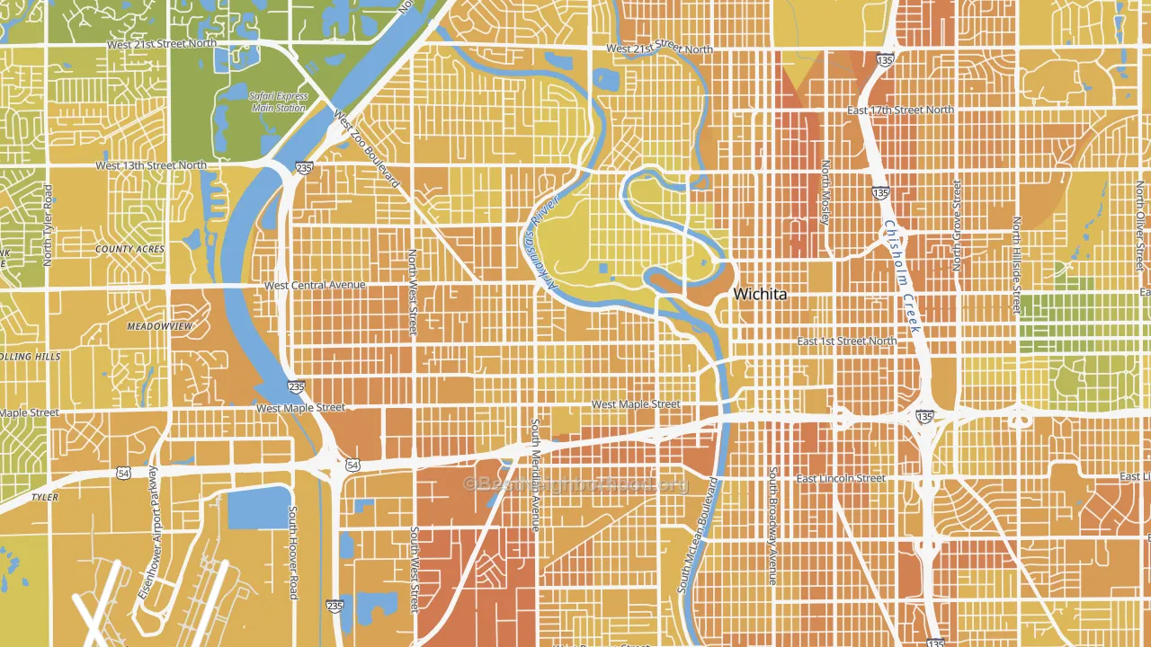 Map of the best neighborhoods in the Delano, Wichita area, with better matches in green and worse matches in red