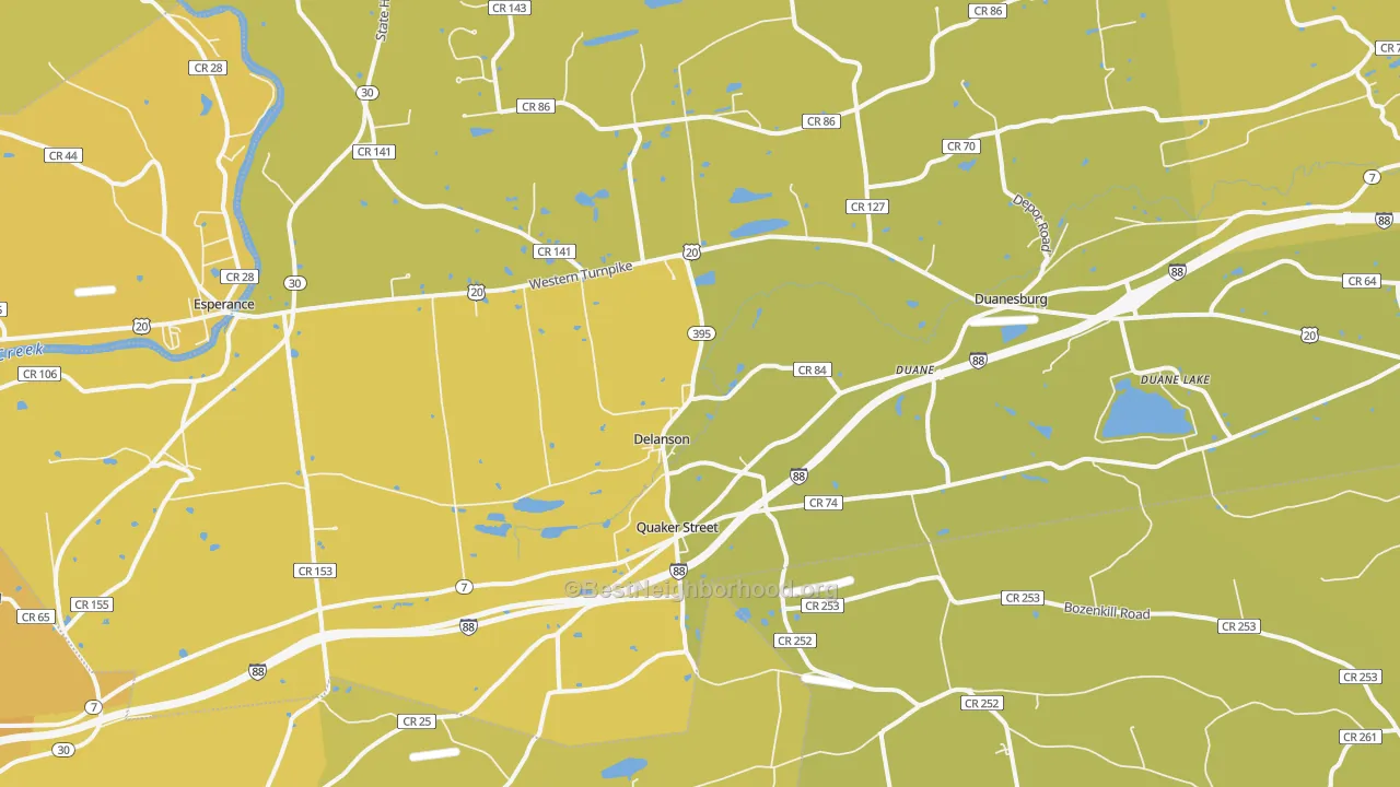 Map of the best neighborhoods in the Delanson area, with better matches in green and worse matches in red