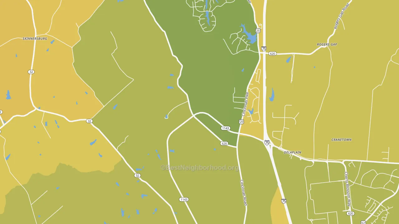 Map of the best neighborhoods in the Delaplain area, with better matches in green and worse matches in red