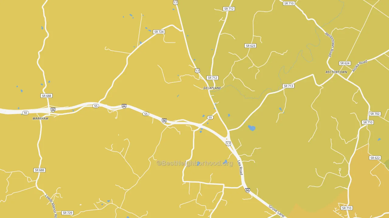 Map of the best neighborhoods in the Delaplane area, with better matches in green and worse matches in red