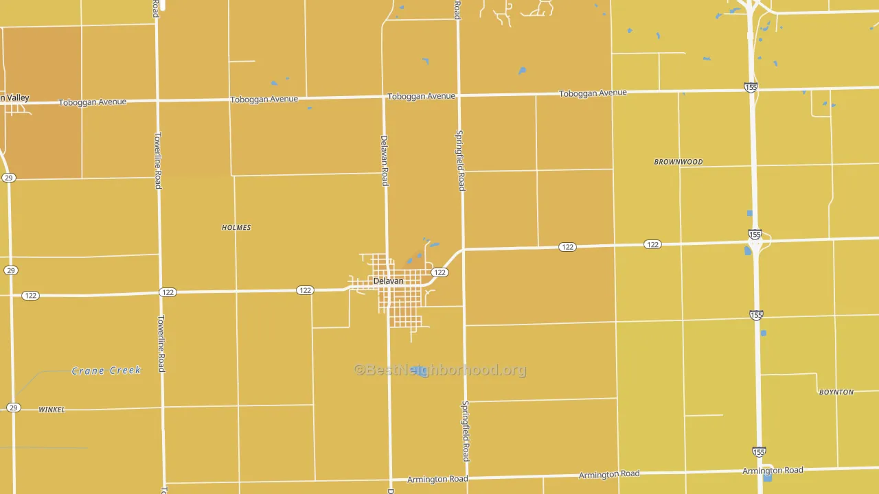 Map of the best neighborhoods in the Delavan area, with better matches in green and worse matches in red