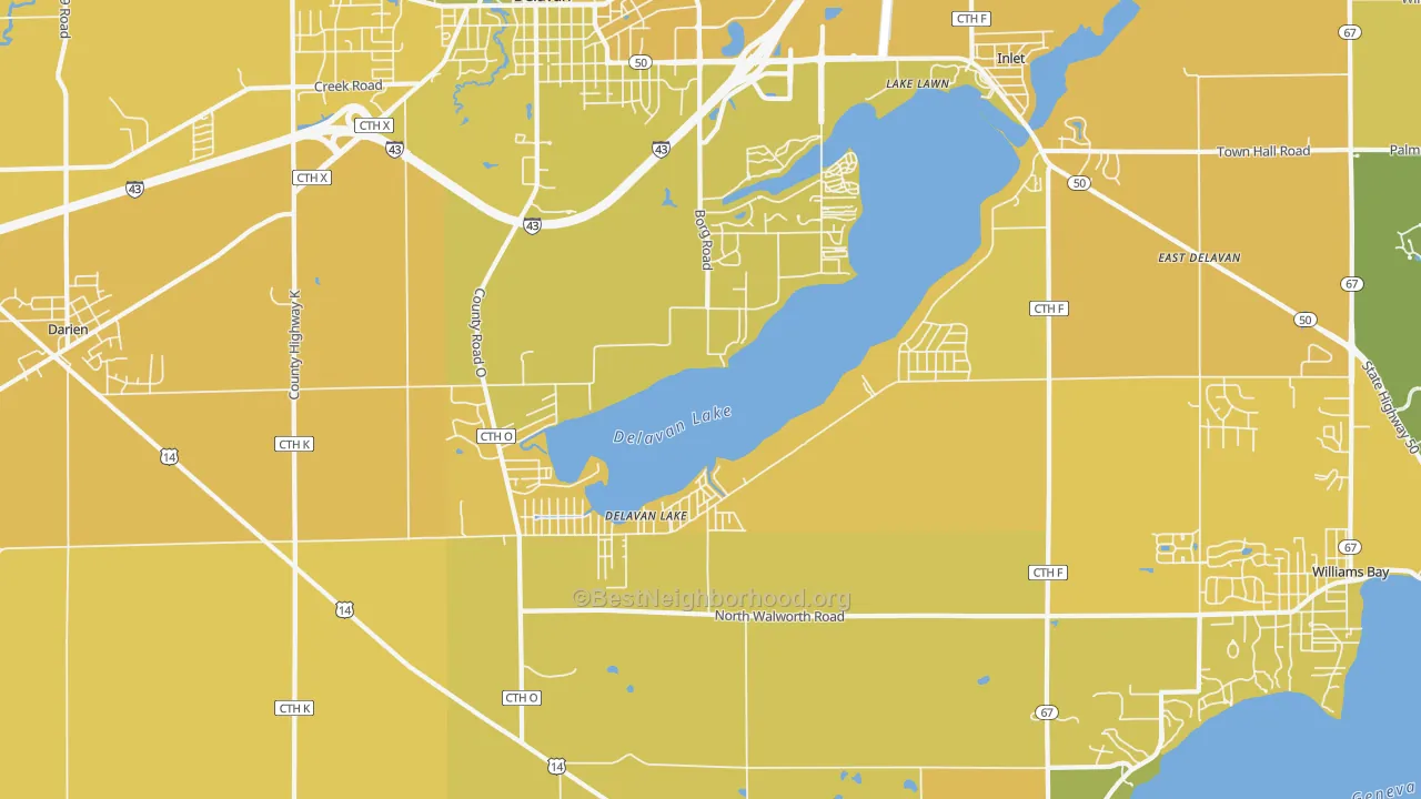 Map of the best neighborhoods in the Delavan Lake area, with better matches in green and worse matches in red