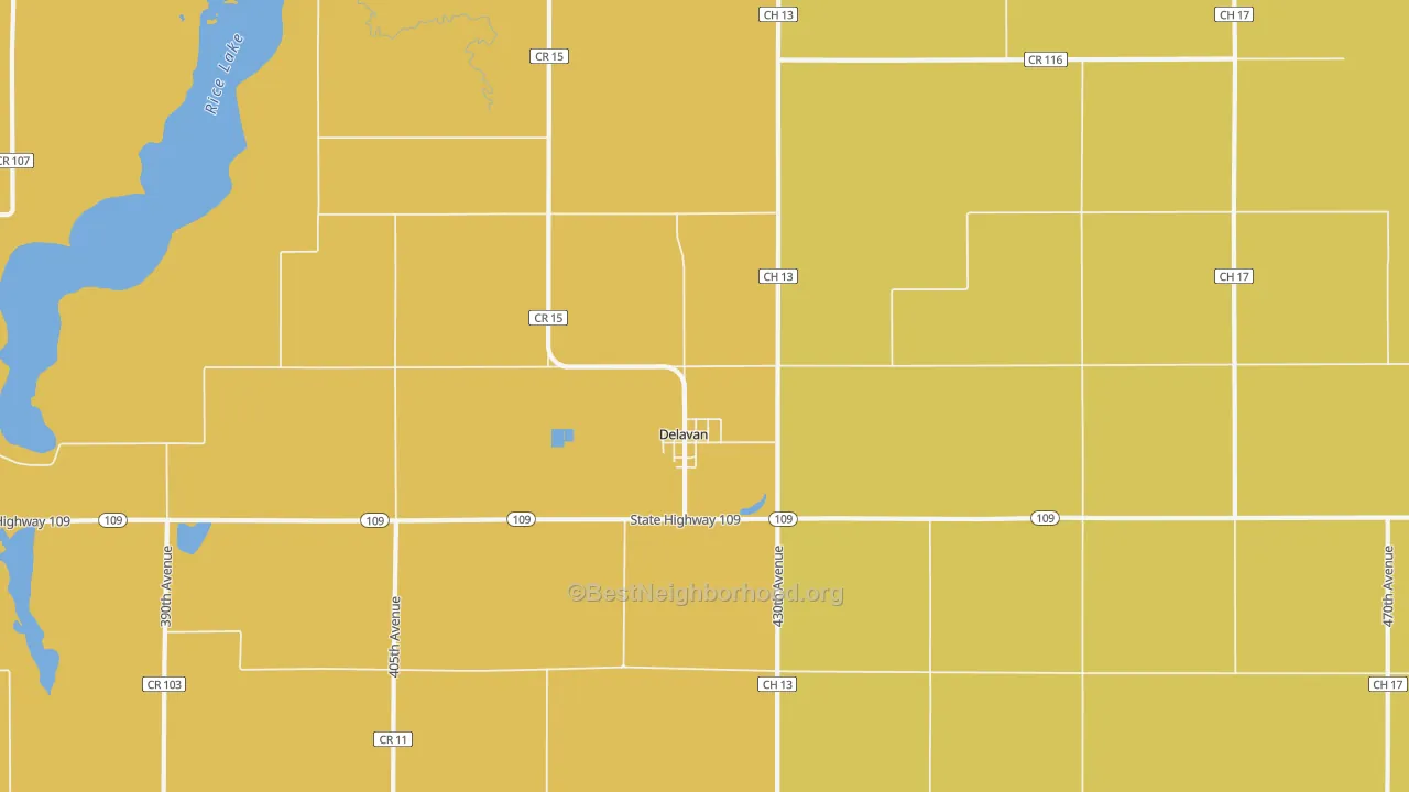 Map of the best neighborhoods in the Delavan area, with better matches in green and worse matches in red