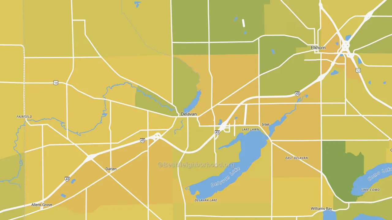 Map of the best neighborhoods in the Delavan area, with better matches in green and worse matches in red